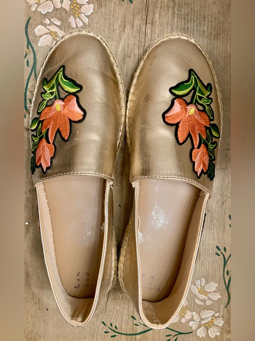 a new day Gold Espadrille Slip-Ons with Pink Floral Applique